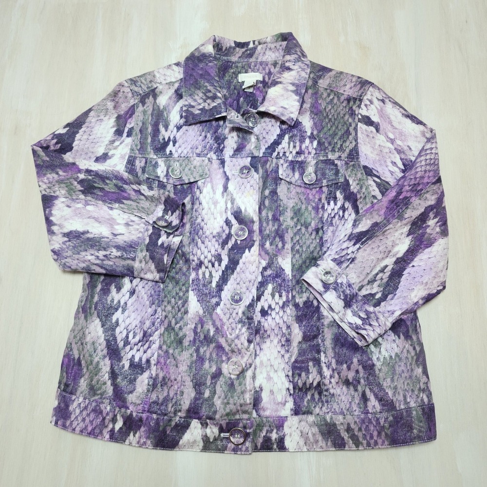 Chicos Purple Amethyst Snakeskin Metallic Linen Cotton Jacket Size 2 Large